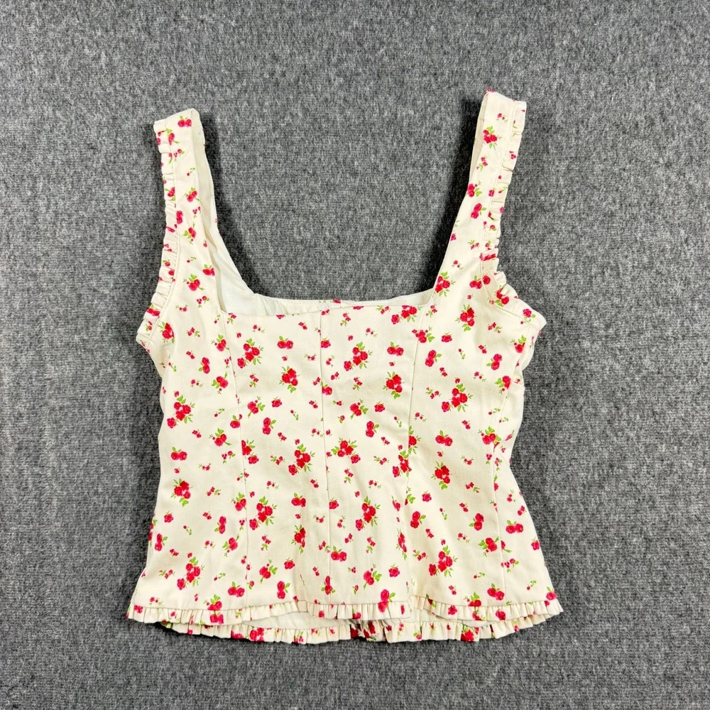 Zara Women Ivory Red Floral Button Front Ruffle Trim Square Neck Top Medium - Picture 8 of 10